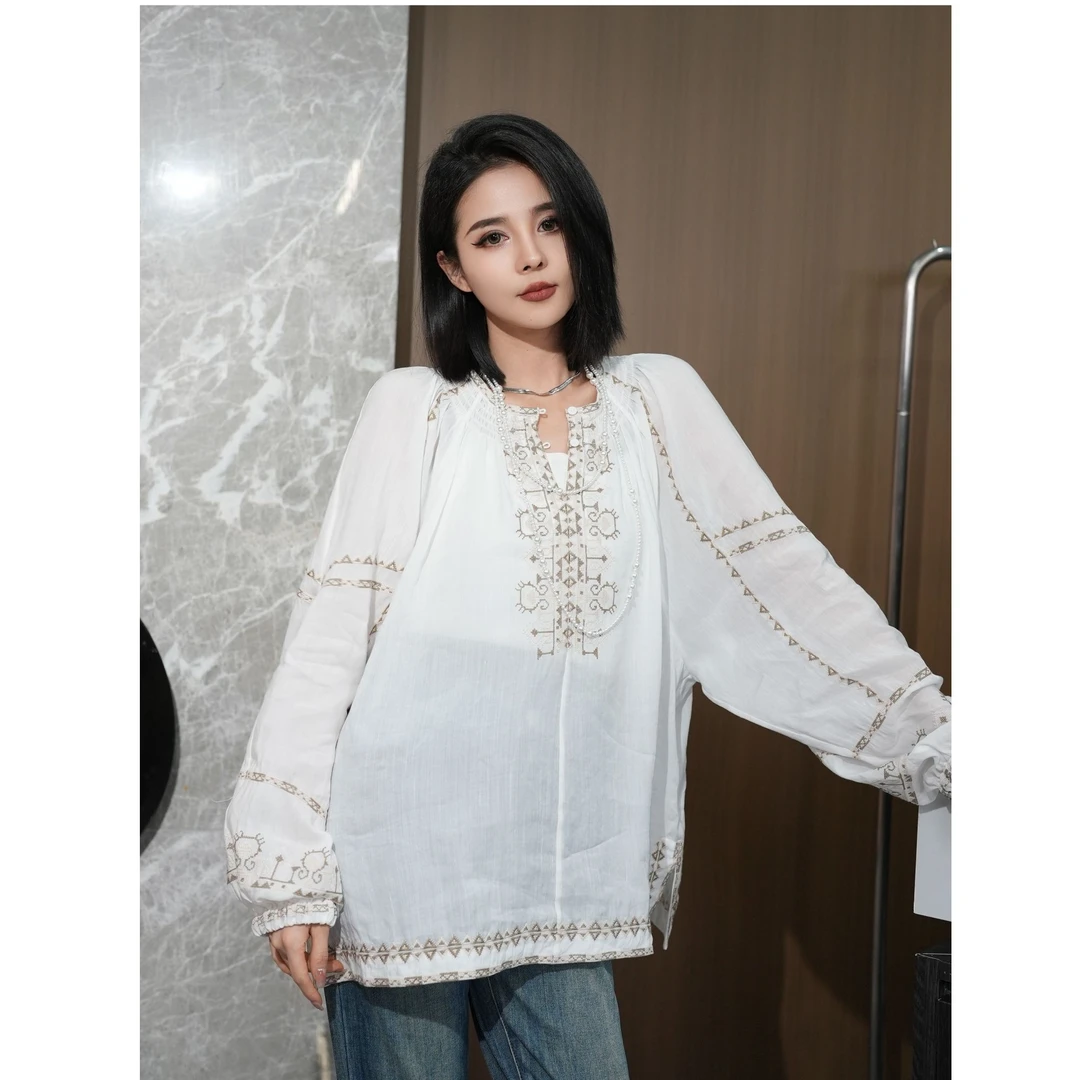 POPULARYW【花繁春序】Z·R上品屋 度假风圆领刺绣设计感衬衫上衣