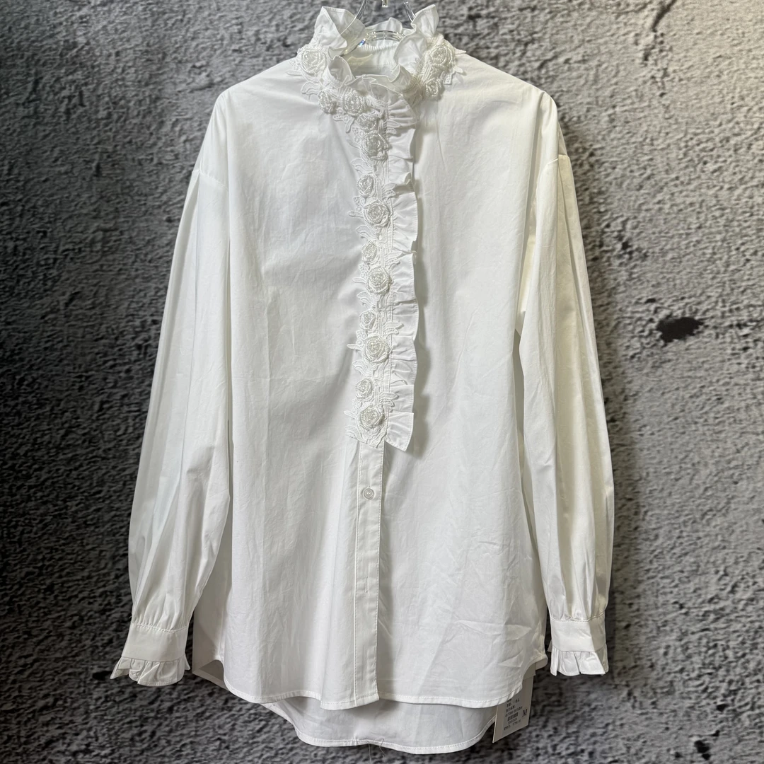 法式拼接荷叶边立体钉珠花朵衬衫
