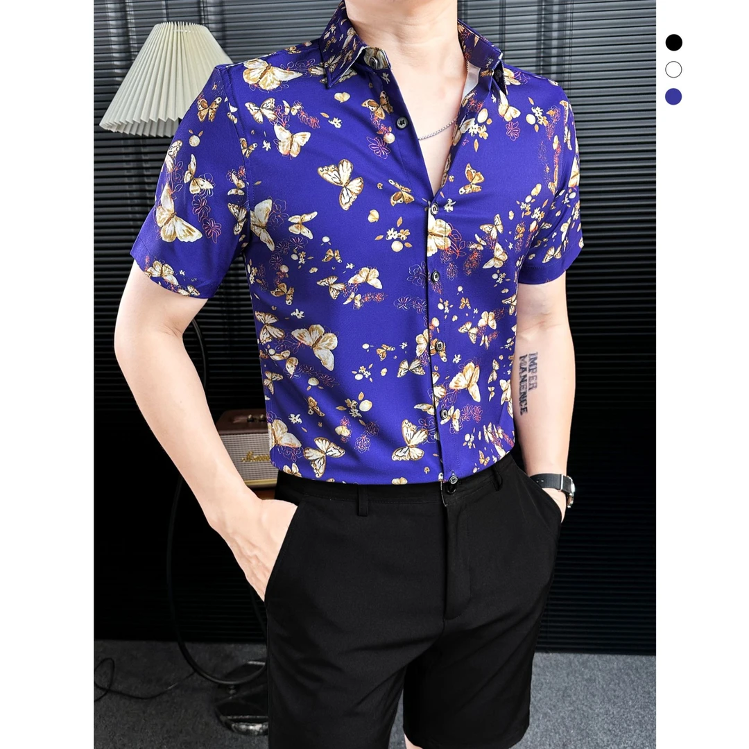 迷幻蝶翼花衬衫男短袖男装2025年帅气潮牌夏季高级感性冷淡风衬衣