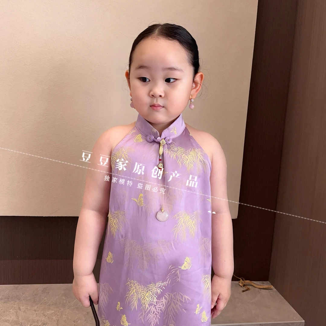 高端人丝提花女童旗袍裙2025新款儿童古风紫色连衣裙洋气公主裙