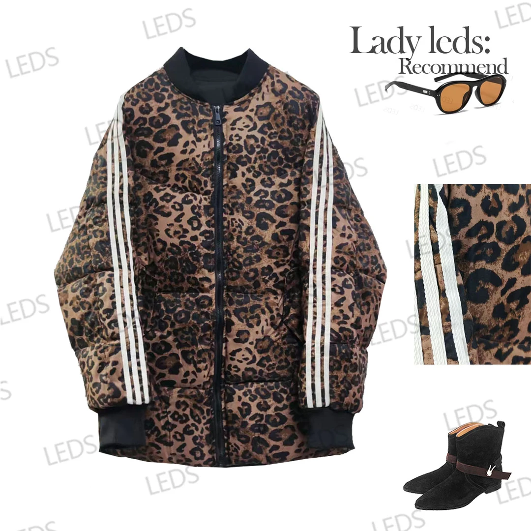 LEDS C2537秋冬豹纹三条杠显品味宽松显瘦洋气外套