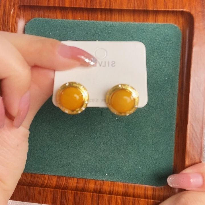 蜜蜡银S925镶嵌耳饰耳钉