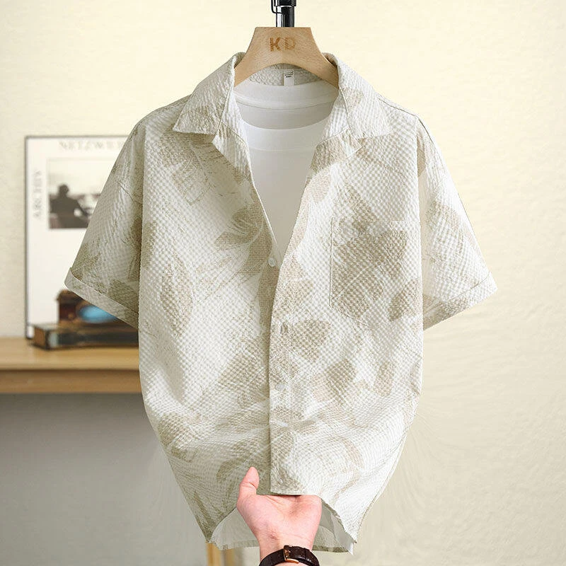 夏季港风浅色印花衬衫短袖男士宽松高级感时尚休闲文艺外搭6611