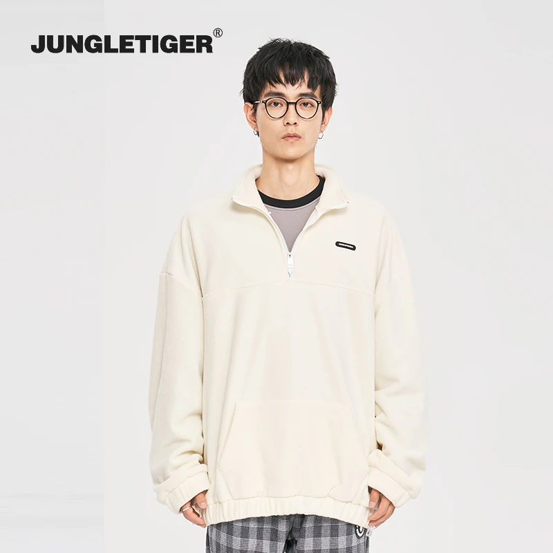 丛林老虎美式复古摇粒绒半拉链卫衣男潮牌oversize情侣白色外套女