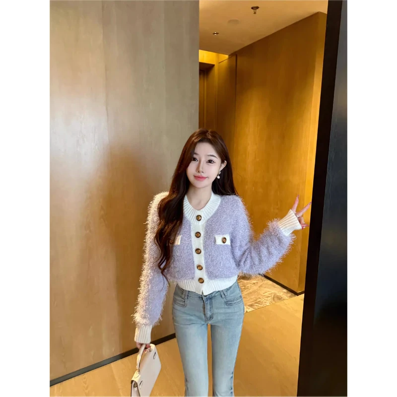 小香风毛衣外套女秋冬针织开衫十三行厚实保暖浅色彩点打底上衣