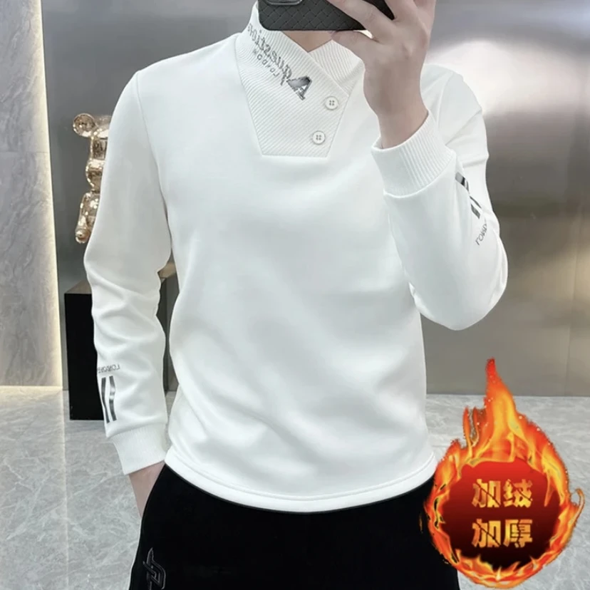 欧货加绒卫衣男士轻奢潮牌加厚巾帼领T恤烫钻秋季男上衣潮打底衫