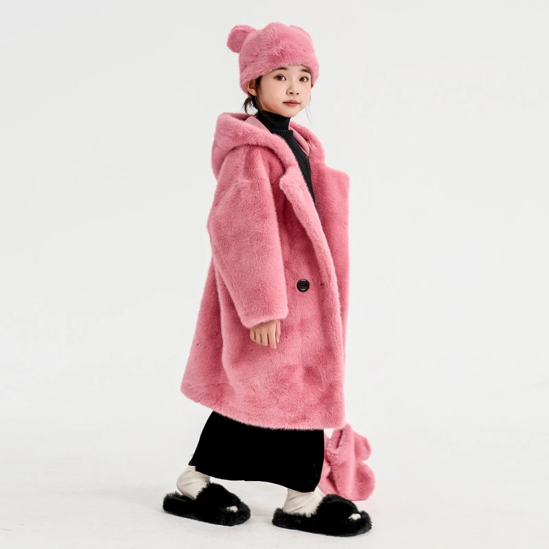 秋冬女童仿水貂绒中长款外套三件套韩版连帽仿皮草皮毛一体大衣童
