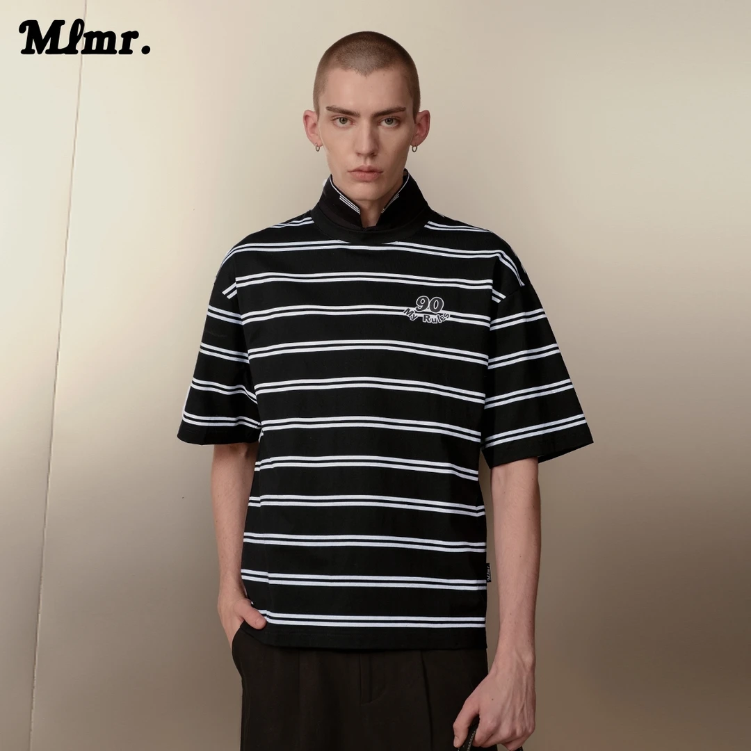 MLMR夏季新款学院风条纹撞色纯棉宽松圆领短袖男女同款M25201006