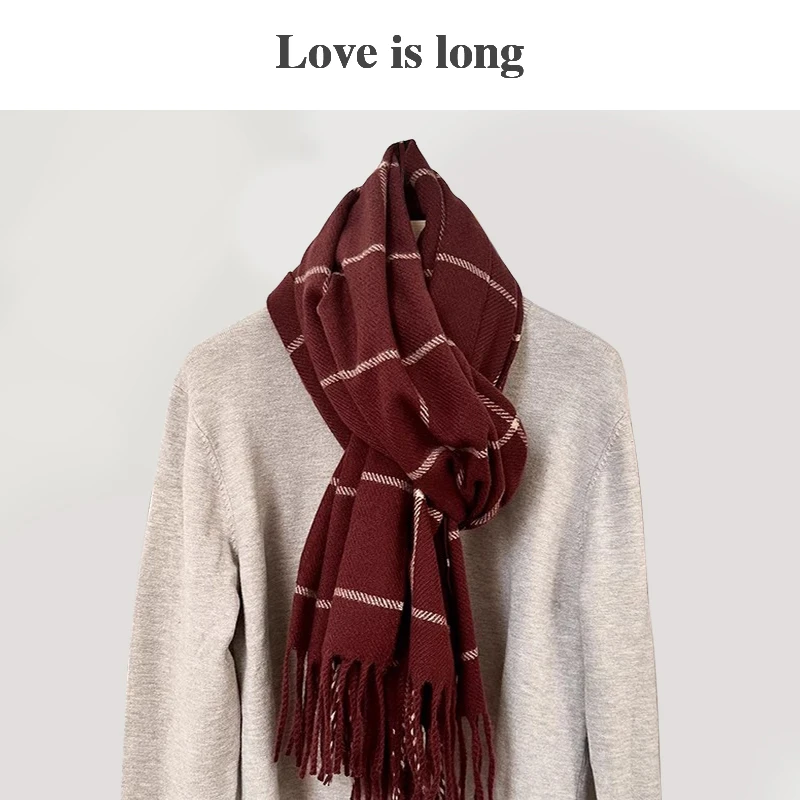 Love is long枣红格子围巾秋冬保暖长款英伦披肩围脖