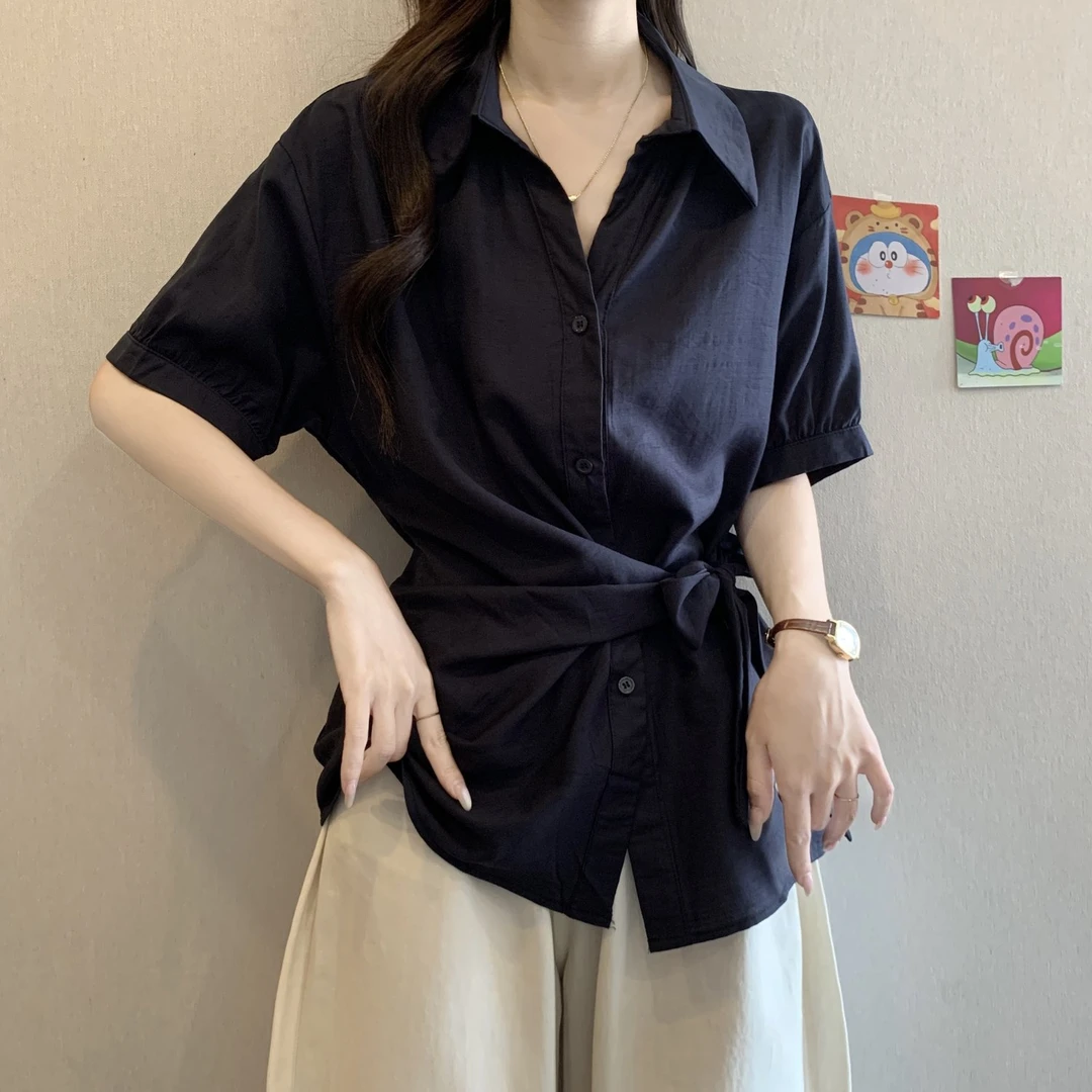 夏季爆款不规则收腰系带显瘦短袖衬衫大码女装胖mm遮肚子衬衣上