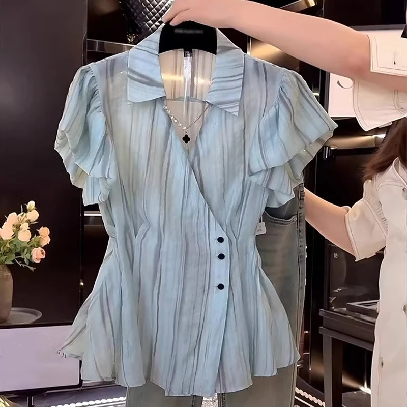 法式短袖衬衫上衣2025夏季新款高级百搭收腰气质泡泡袖衬衣小衫女