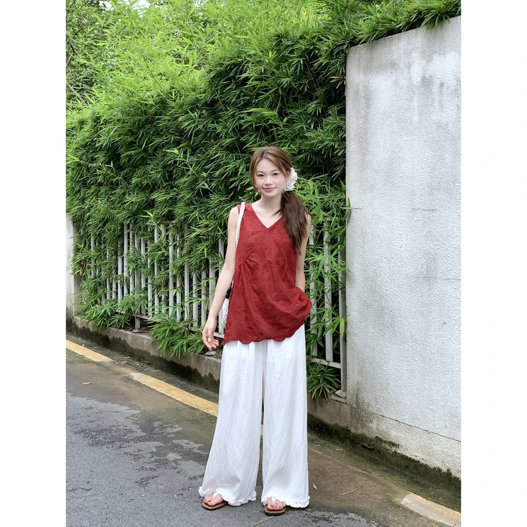 刺绣设计港风V领无袖背心上衣女装+阔腿裤女时尚套装2025夏季爆款