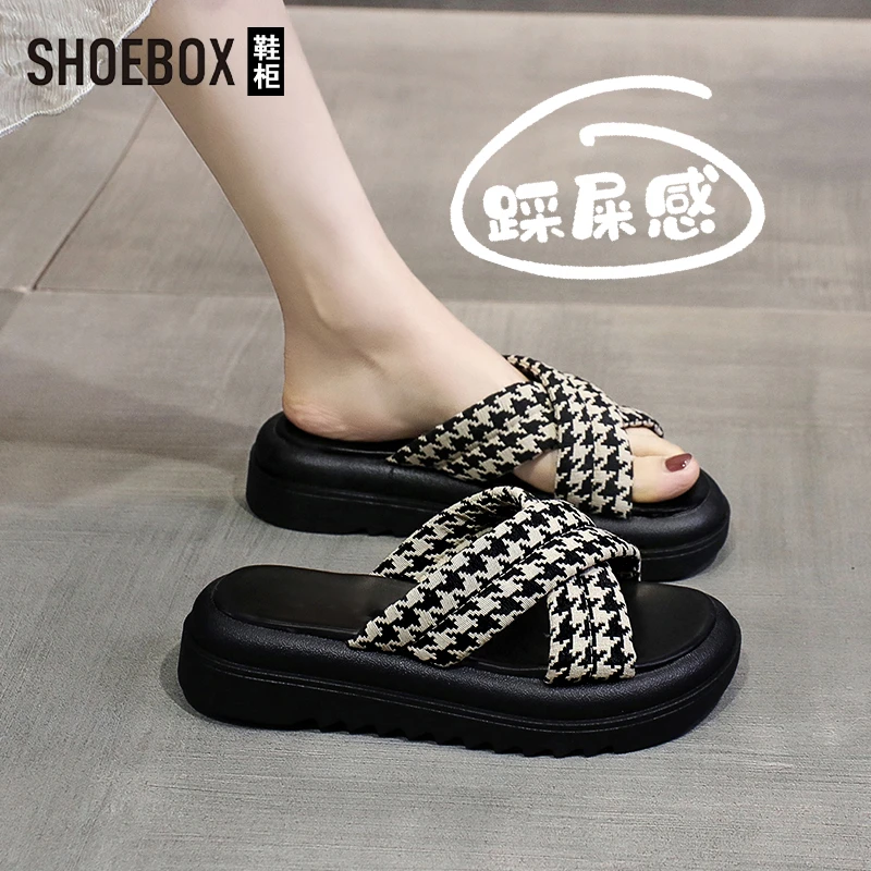 SHOEBOX鞋柜网红夏季凉拖鞋女外穿厚底2025新款千鸟格沙滩一字拖