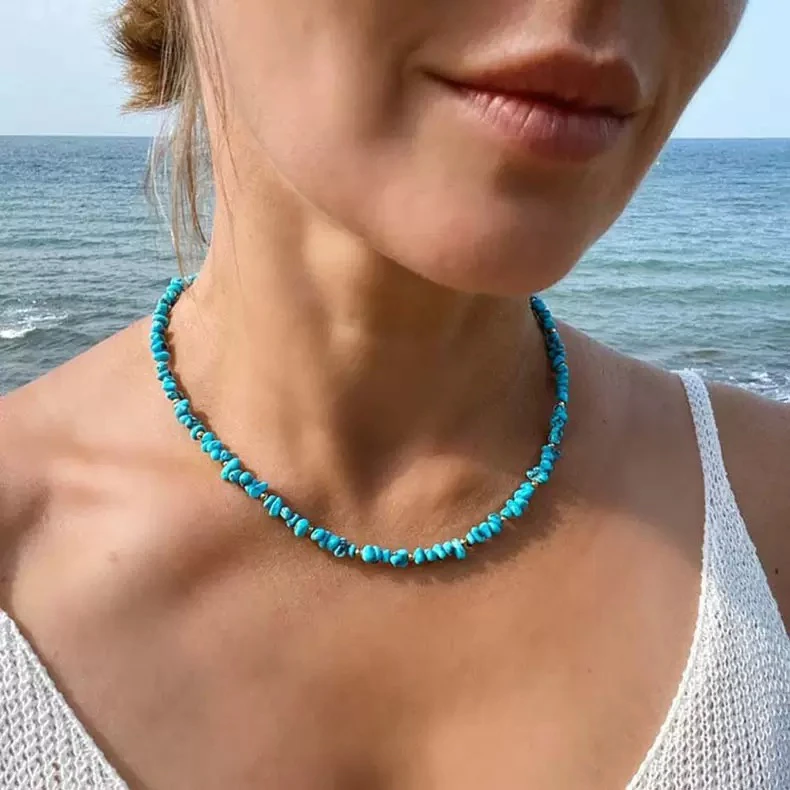 钛钢项链 复古民族风不规则蓝色穿珠显白百搭锁骨链