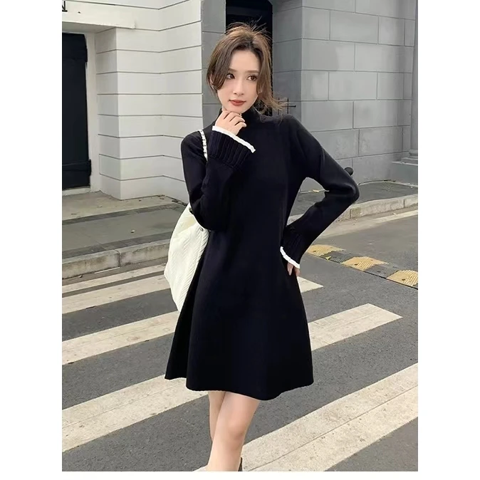 春季新款内搭针织连衣裙女小黑裙中长款打底小个子毛衣a字毛衣裙