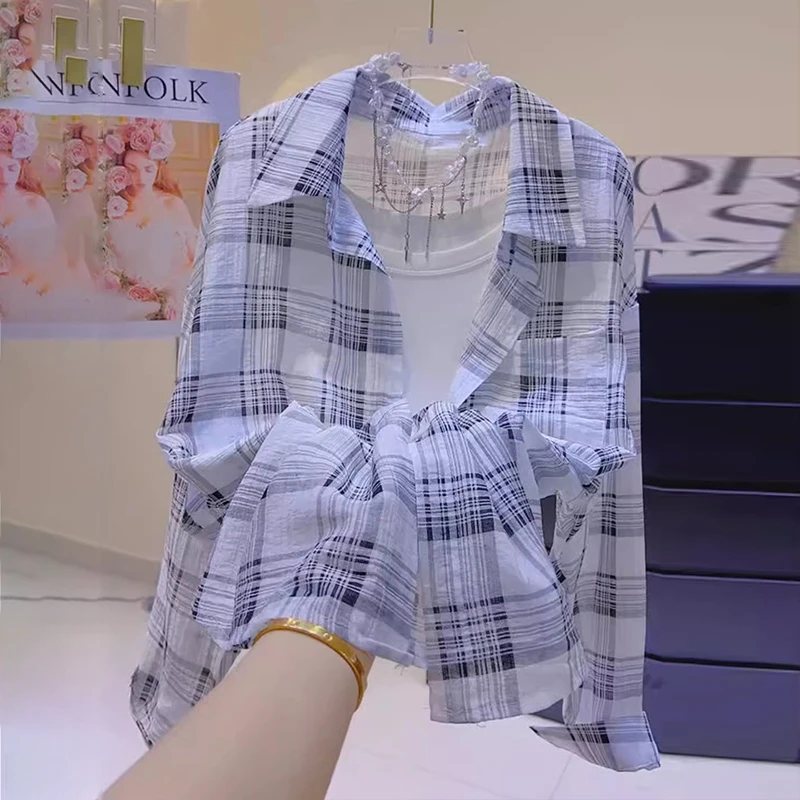 防晒格子衬衫外套女2025夏季新款宽松休闲百搭轻薄透气衬衣上衣服