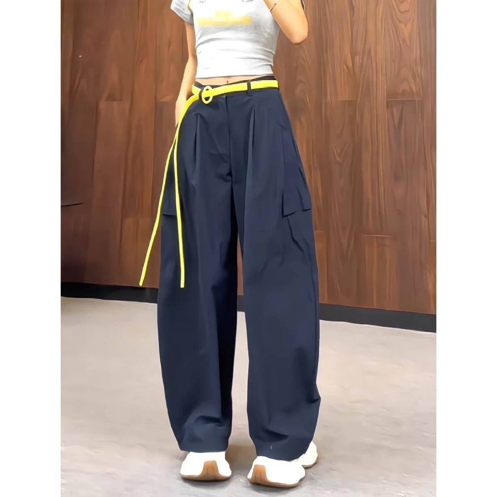 韩系慵懒松弛感裤子女2025爆款大口袋速干休闲裤宽松配腰带阔腿裤
