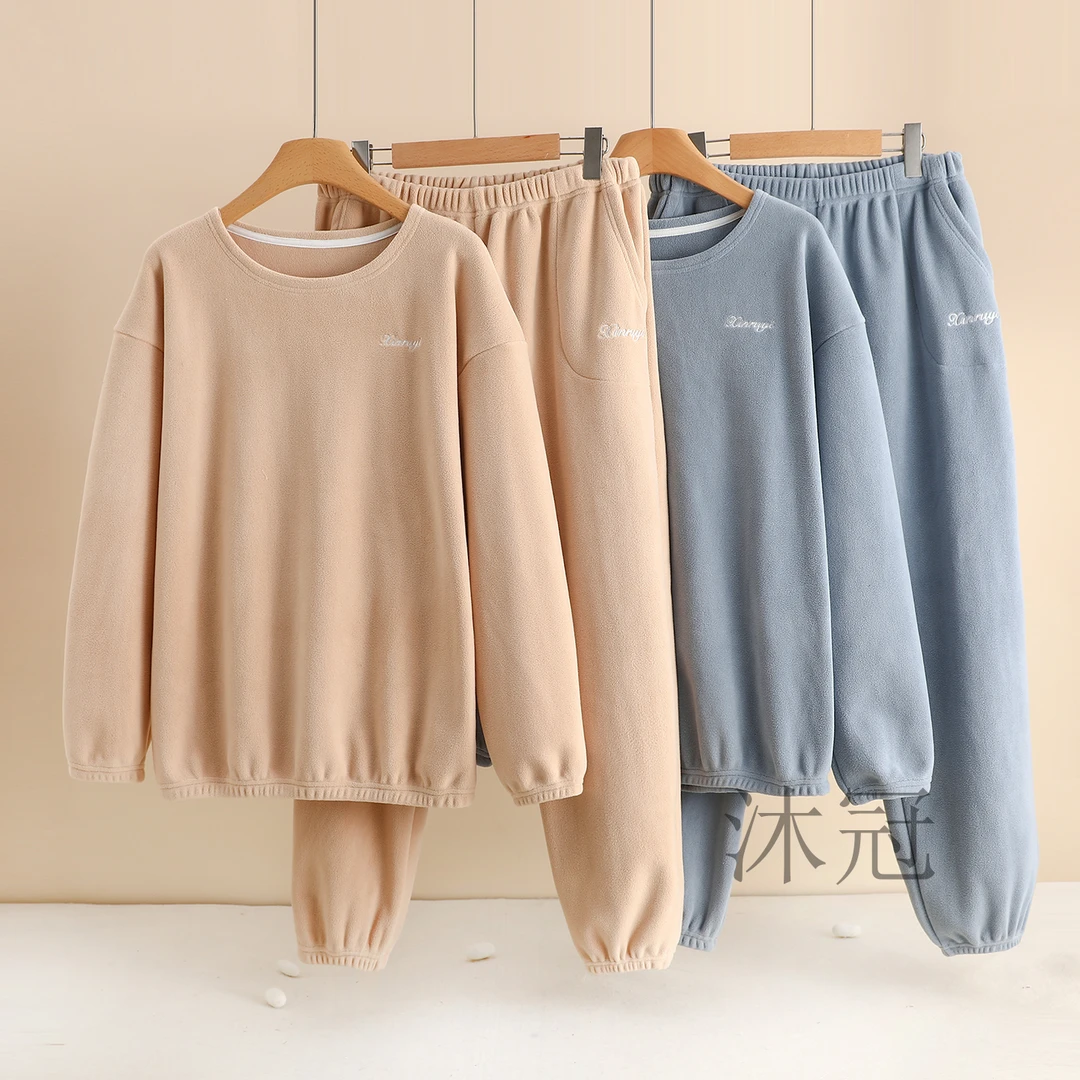 奥粒绒圆领束脚睡衣女冬季加厚卫衣法兰绒保暖保暖毛绒家居服套装