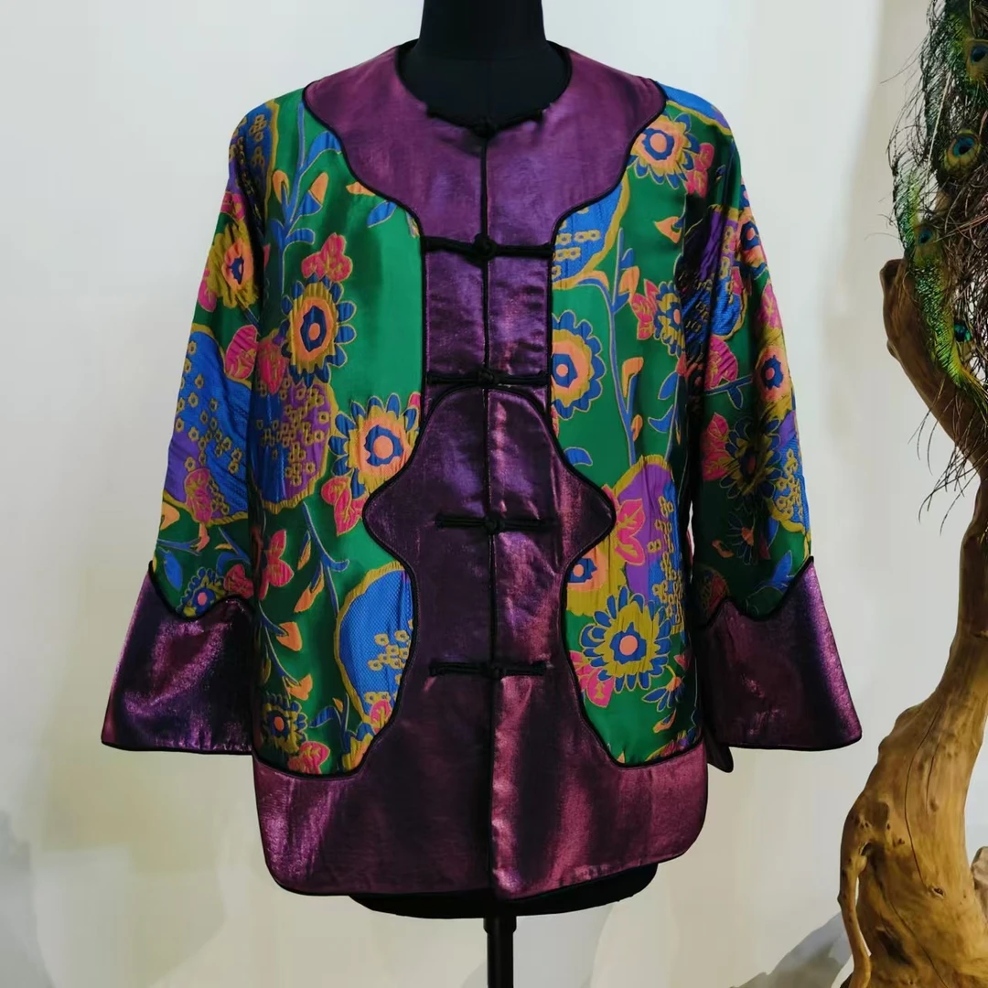 凤徕兮私人定制绿底太阳花拼紫色如意边盘扣外套 LS363