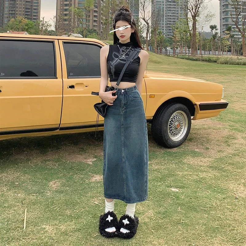 高腰开叉牛仔半身裙女2024年新款夏季小个子a字半裙复古包臀长裙