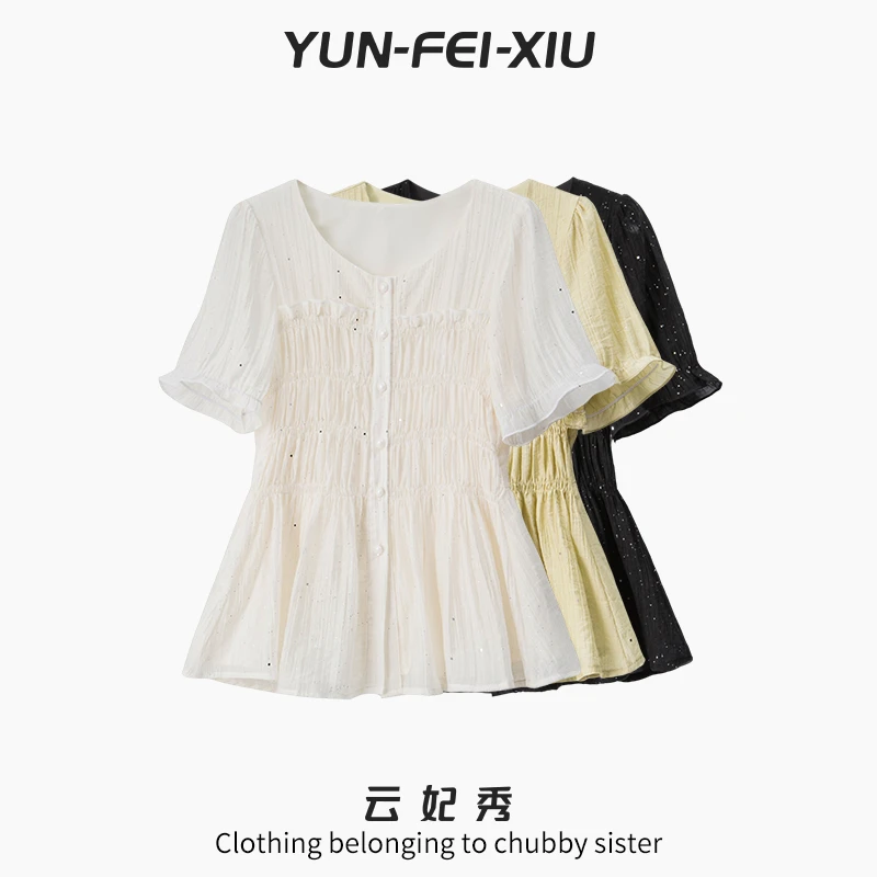 云妃秀大码女装衬衫时尚休闲气质减龄显瘦宽松短袖上衣夏季64262