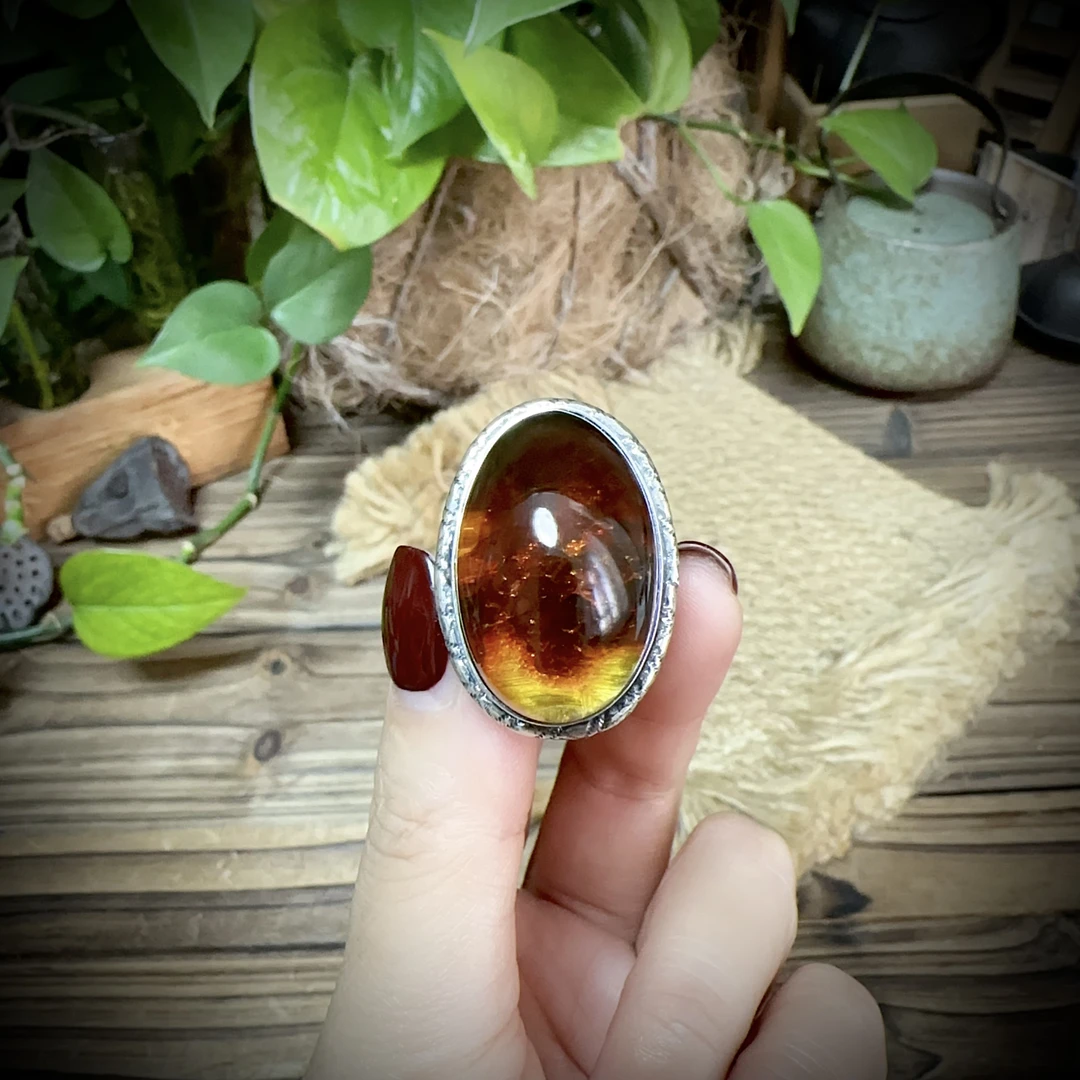 【古香古色】复古s925银蜜蜡琥珀戒指（开口可调节）