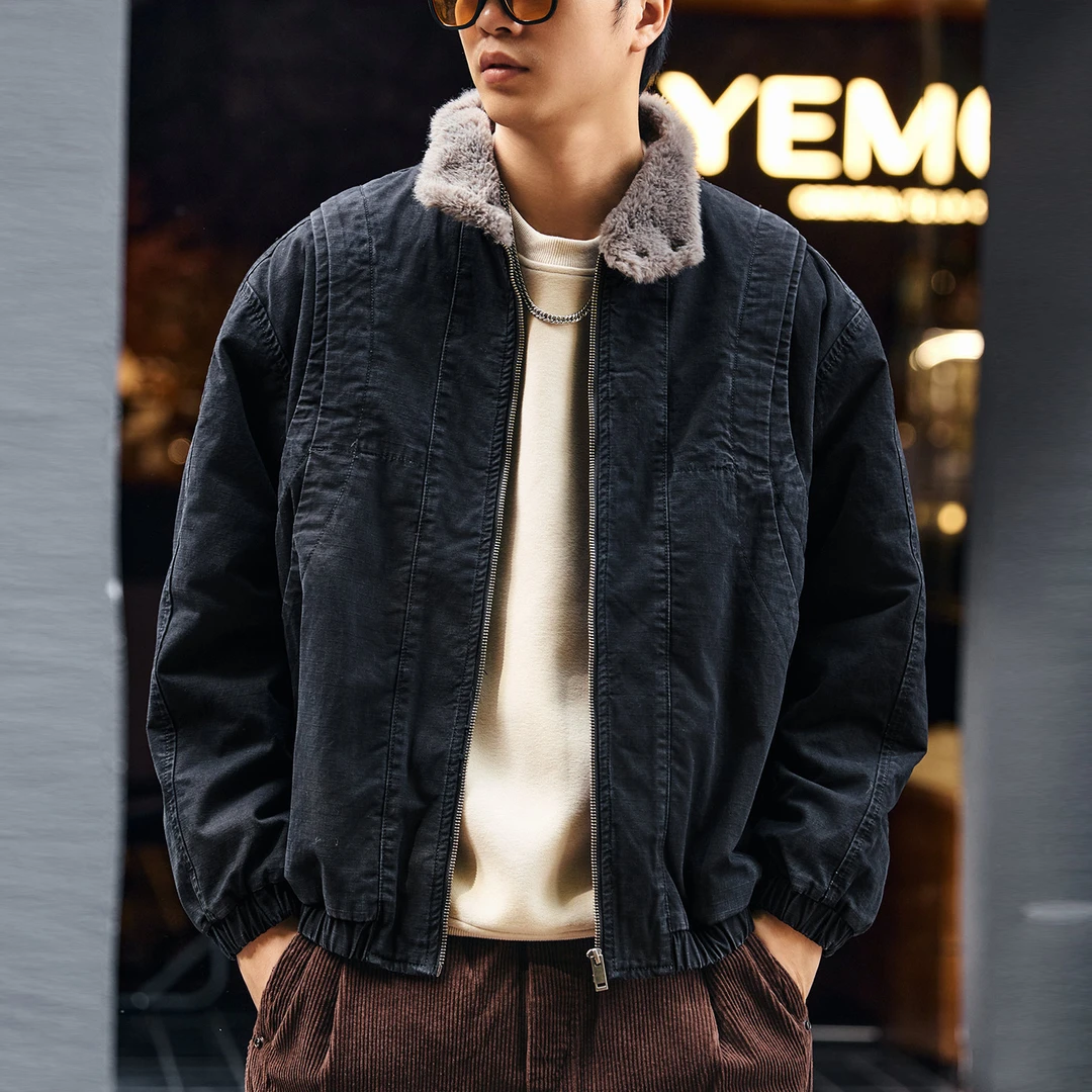 格蓝鹿高端珠帆布仿兔绒夹克外套男冬季加绒保暖结构设计工装棉服