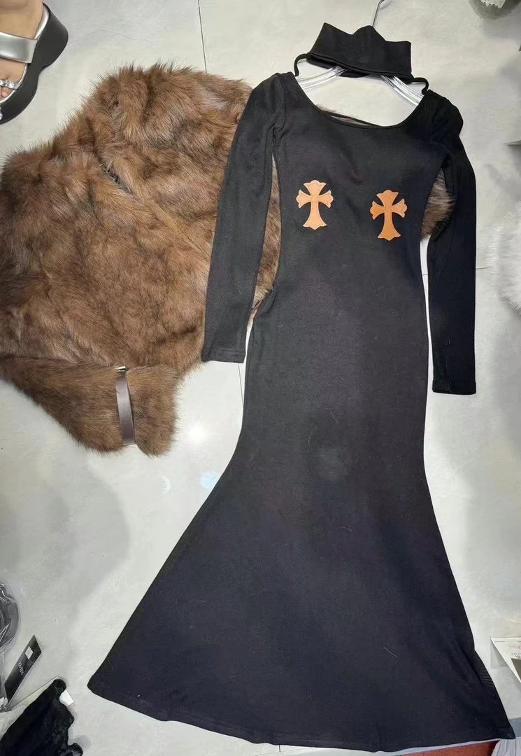 外套配黑色修身包臀连衣裙长袖气质鱼尾长裙女秋冬季