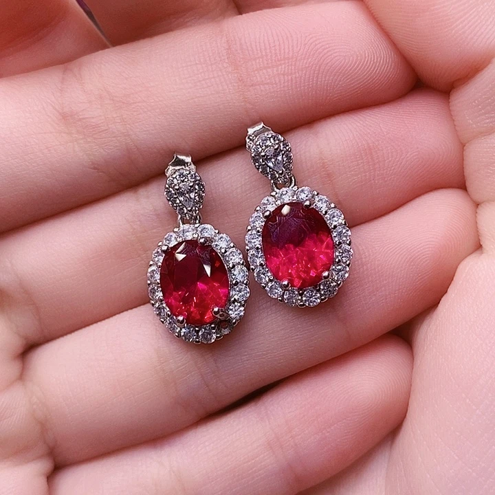 银S925镶嵌耳饰红宝石