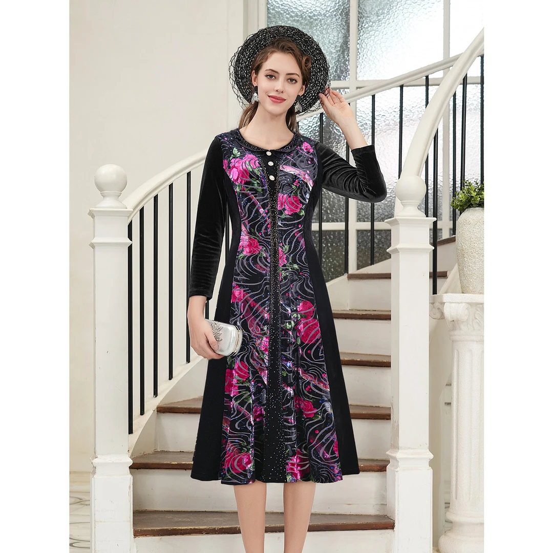 长袖秋冬女装连衣裙显瘦印花长款丝绒妈妈装-65051