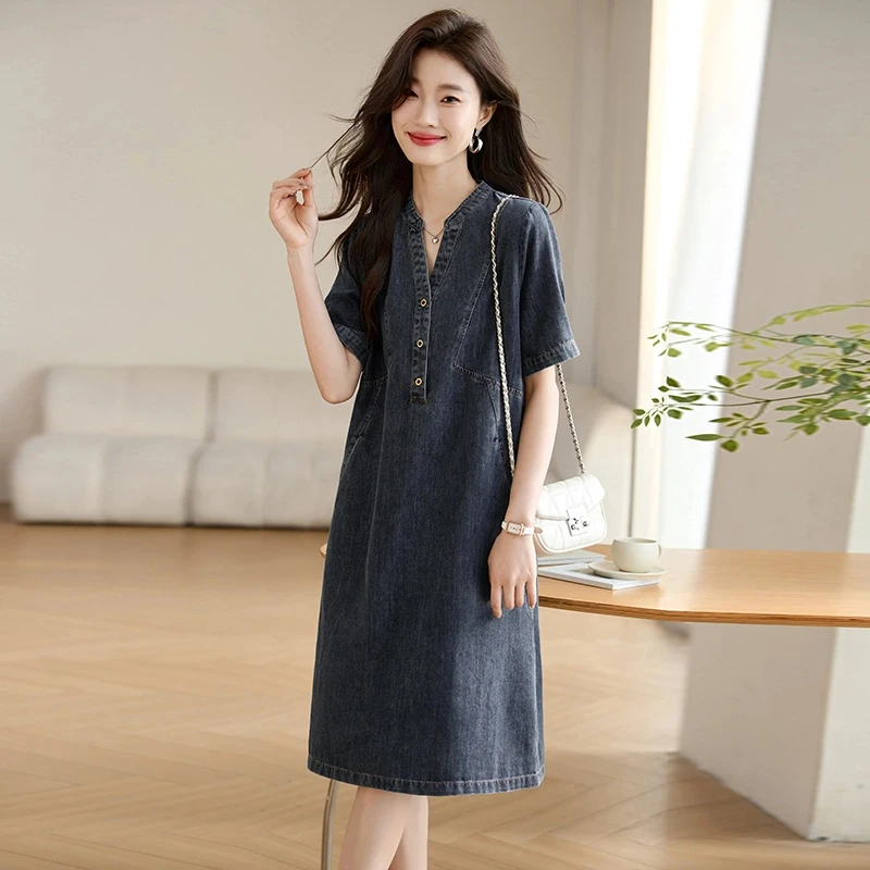 薄款牛仔连衣裙女夏季2025新款宽松大码休闲遮肚显瘦减龄妈妈裙子