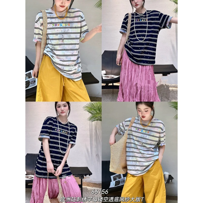 0436【夏季新款】彩色扎染条纹复古网纱圆领短袖（66156）