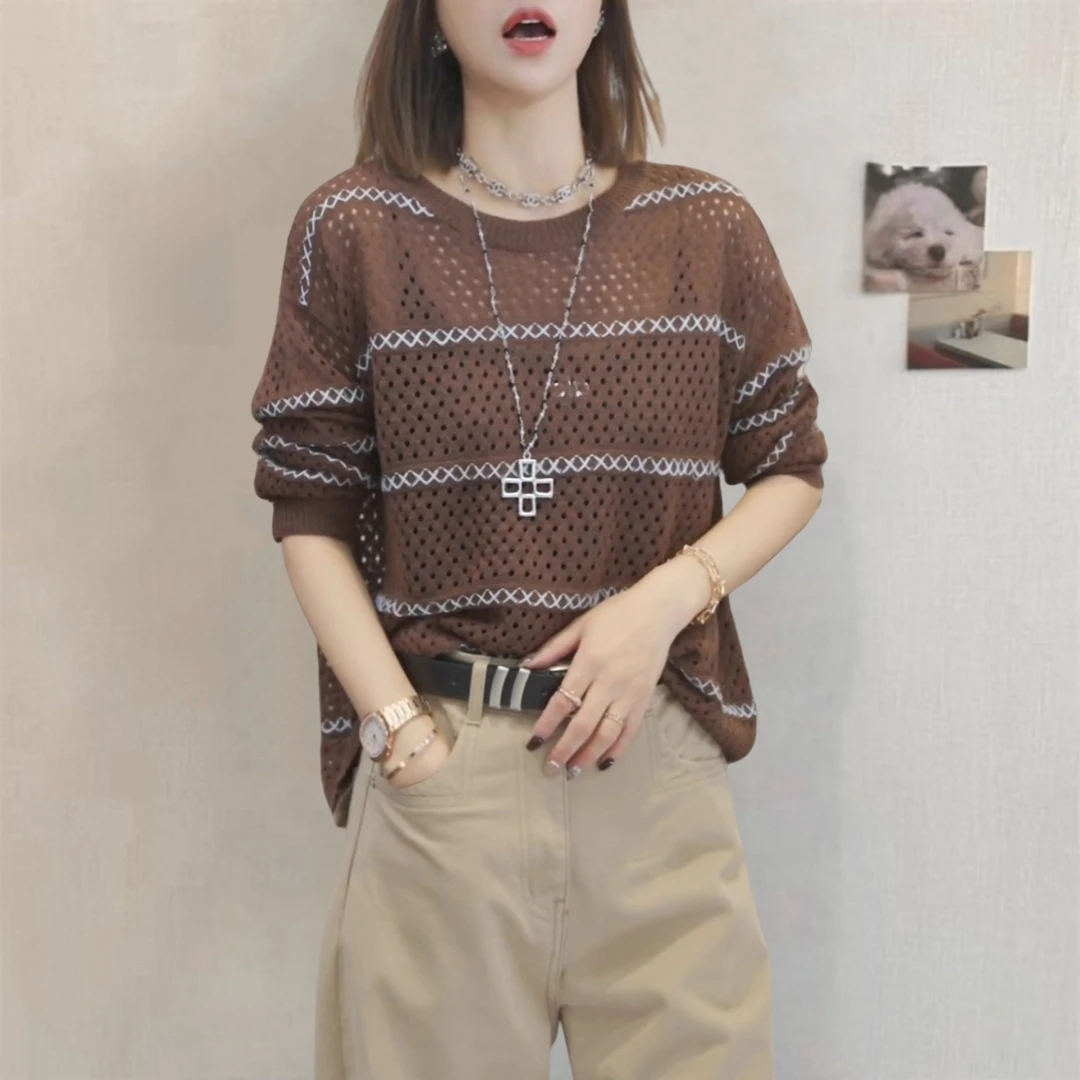 设计感条纹镂空长袖针织衫女春秋新款毛衣宽松短款内搭打底衫上衣