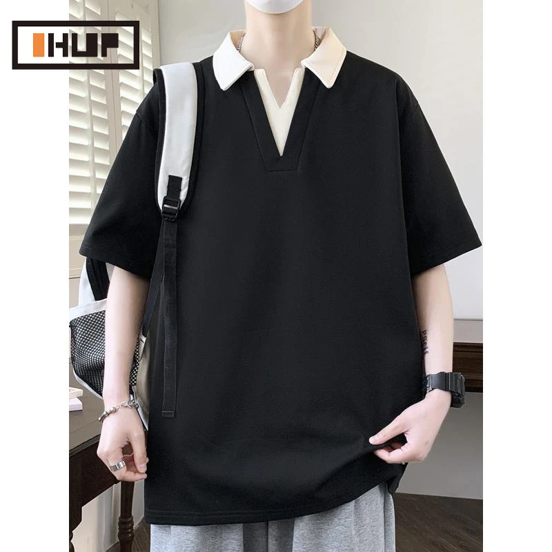 OHUP假两件V领短袖t恤男款夏季大码polo衫男五分半袖宽松体恤衫女