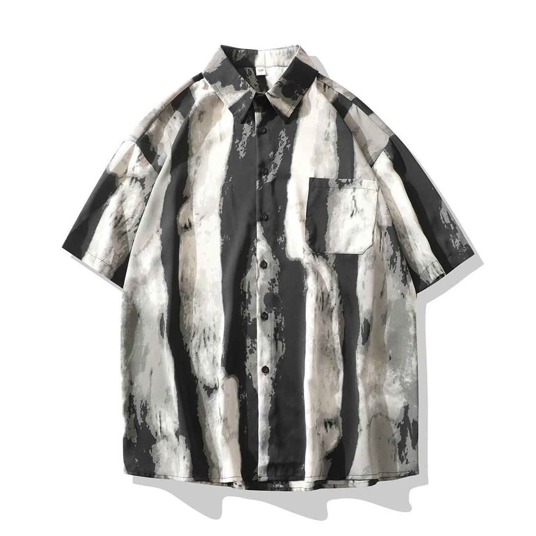 夏季薄款冰丝衬衫条纹短袖男复古百搭港风印花五分袖休闲扎染衬衣