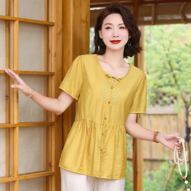 新中式妈妈夏装棉麻套装新款40岁50中老年女装夏季短袖裤子两件套