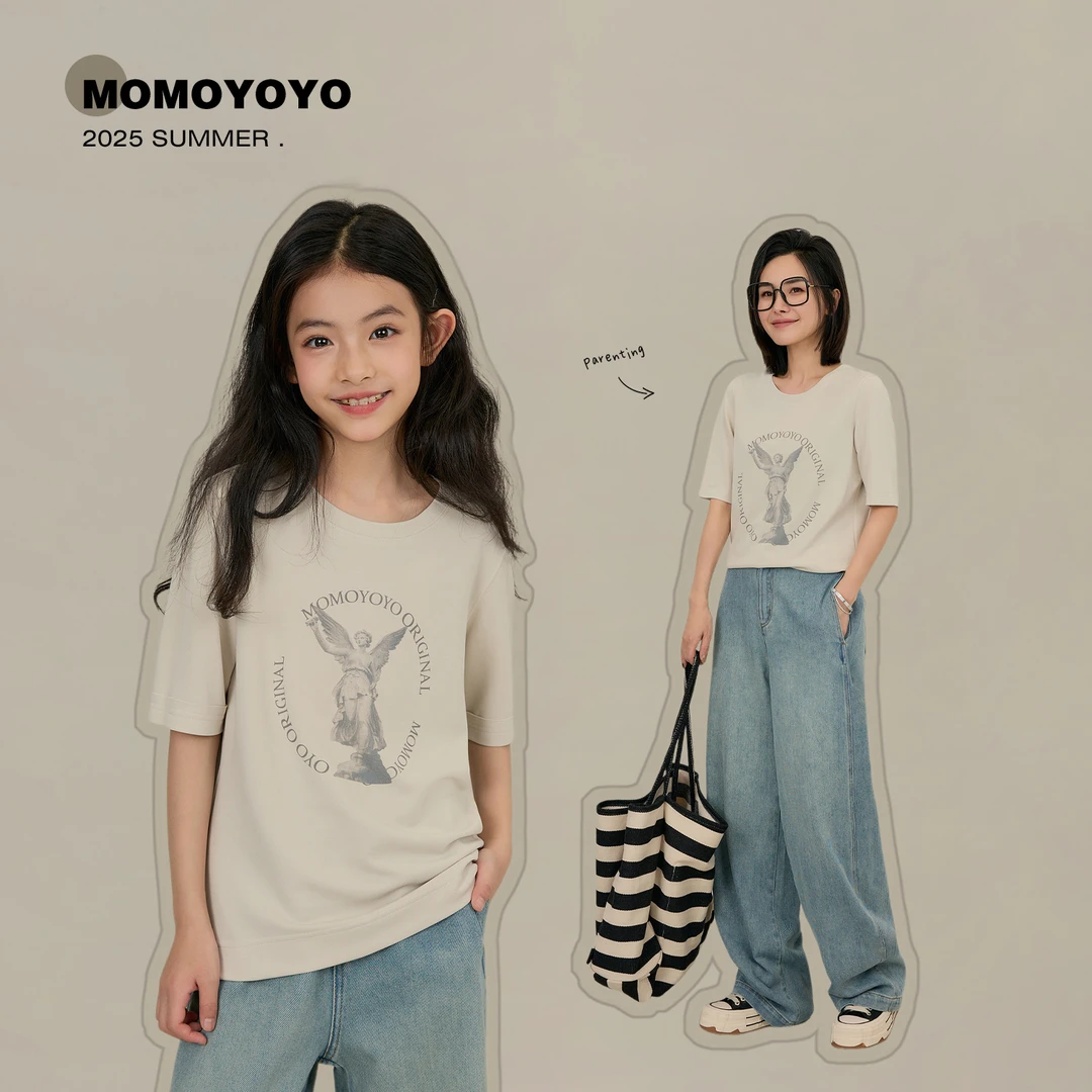 辰辰妈【天使】洋气天使印花宽松百搭亲子短袖上衣天使印花T恤7570D