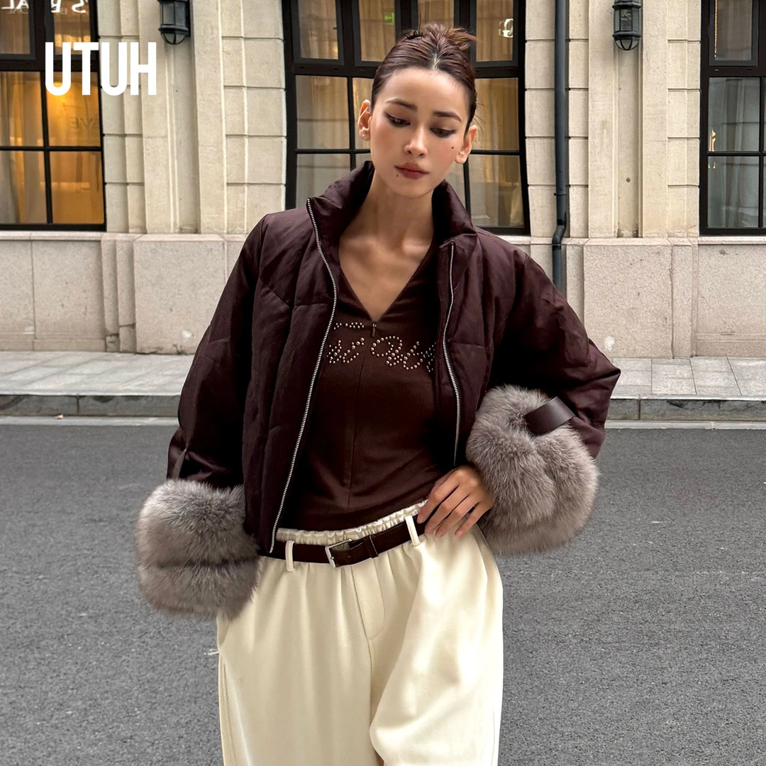 UTUH美拉德咖色时尚显瘦鹅绒服优雅贵气配：狐狸毛袖口 TDWWW3W499