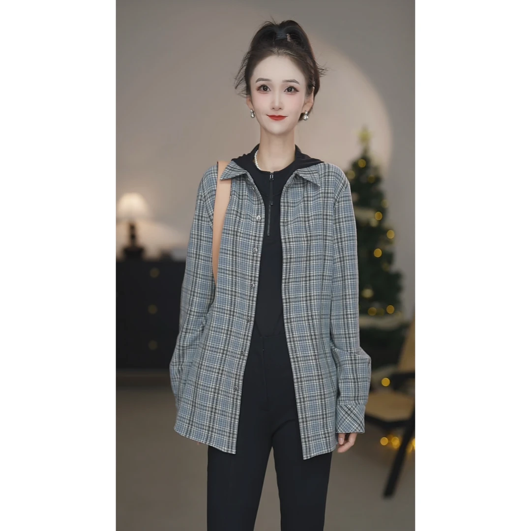 阿玛施【官方正品】新款磨毛格纹衬衣休闲复古保暖衬衫530171