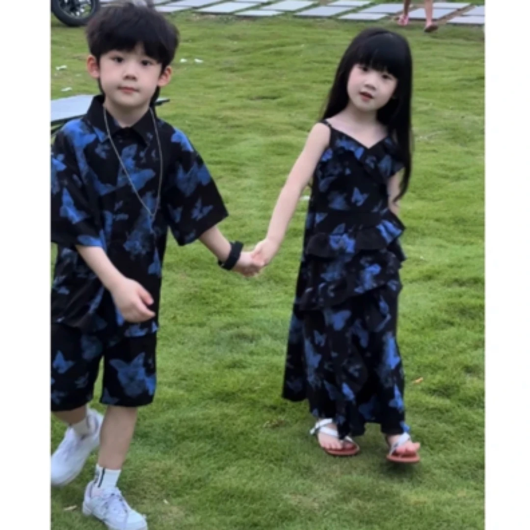 【兄妹款】法式蝴蝶连衣裙夏季新款儿童高级感独特漂亮吊带沙滩裙