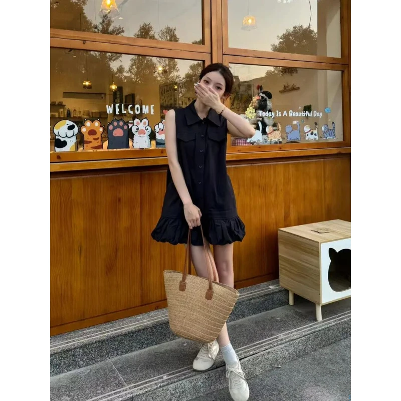 韩系赫本风polo领无袖连衣裙女2025夏季新款短袖工装休闲背心裙