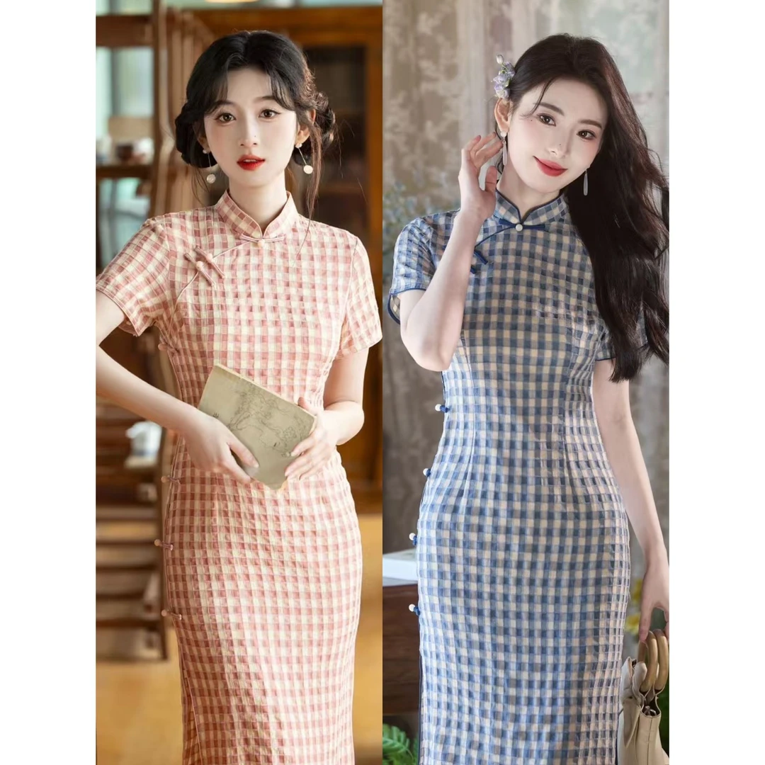 新款盘扣【维希-衣长105】小个子格子旗袍少女夏季显瘦文艺