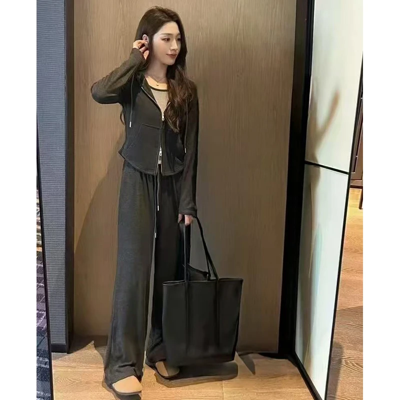 X1338休闲时尚套装2025春季新款假两件上衣阔腿裤两件套