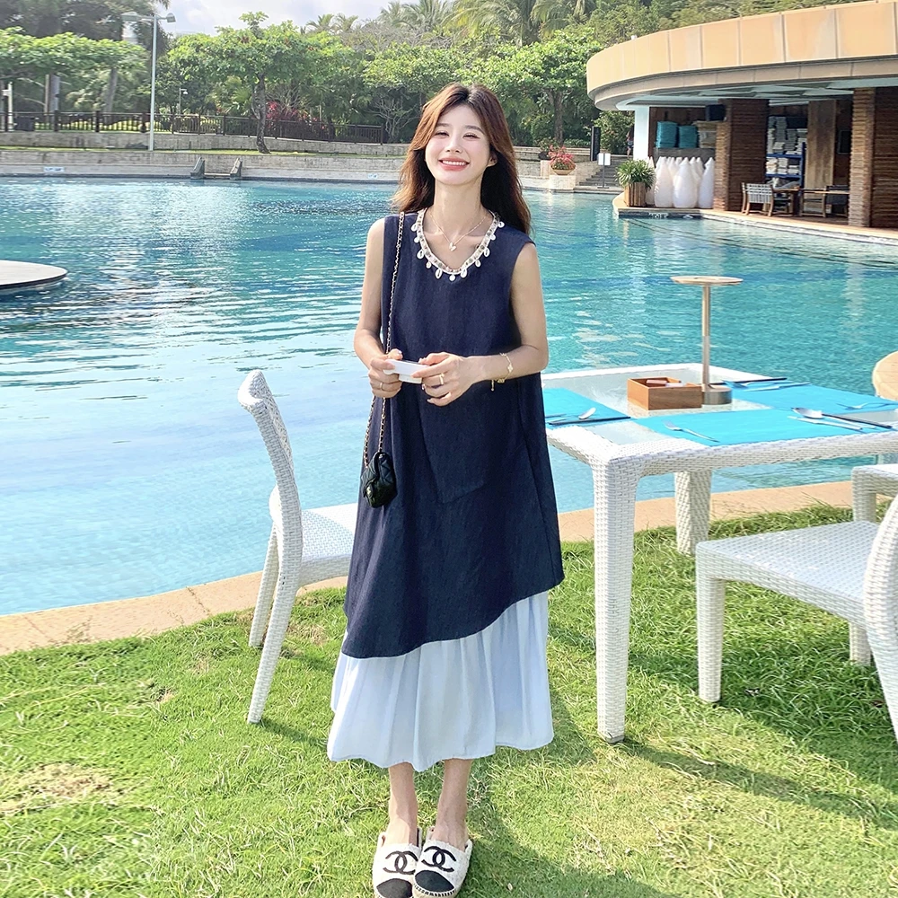 法式复古拼接无袖背心连衣裙女2025夏季新款高级感气质显瘦长裙子