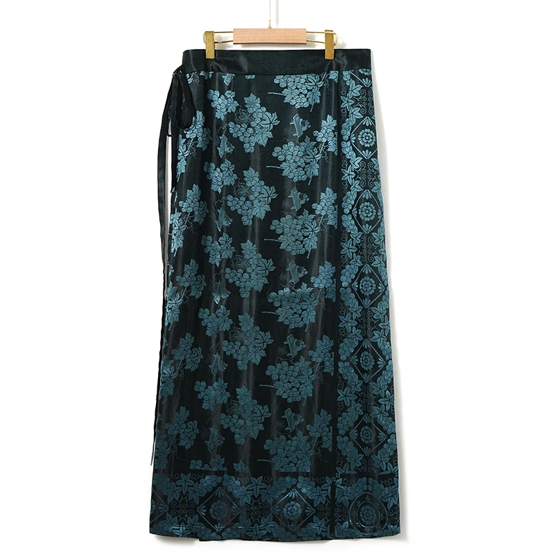 夏季高腰半身裙气质民族风碎花国风女装提花新中式老缎面裹裙长群