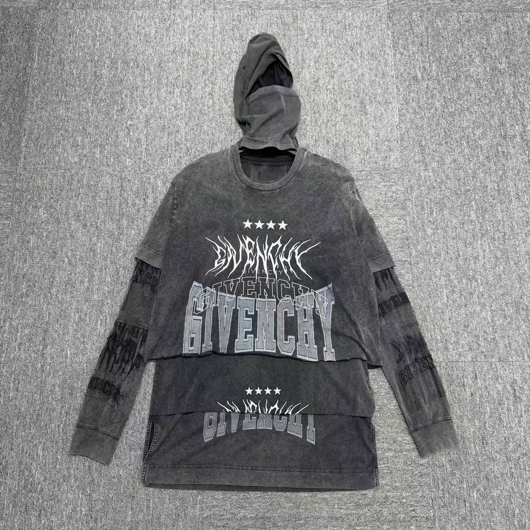 99新 Givenchy/纪梵希 水洗做旧三层拼接连帽衬衣/M码/编码12253