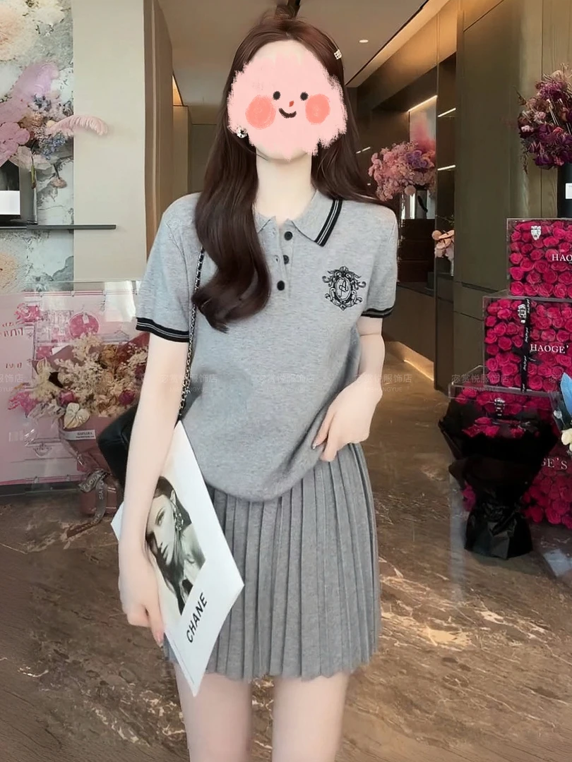 2025夏季新款时尚休闲polo领针织衫百褶半身裙时尚套装气质减龄女