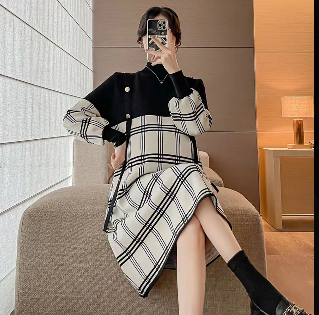 秋冬新款宽松加厚针织格子连衣裙气质显瘦遮肚打底042