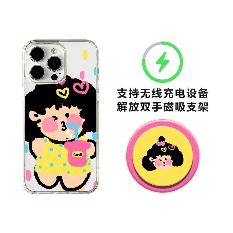 magsafe磁吸透明手机壳黄衣女孩适用iPhone16promax苹果13支架15