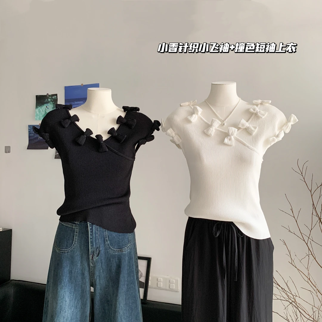 重工手勾蝴蝶结小香针织小飞袖+撞色短袖上衣女春季